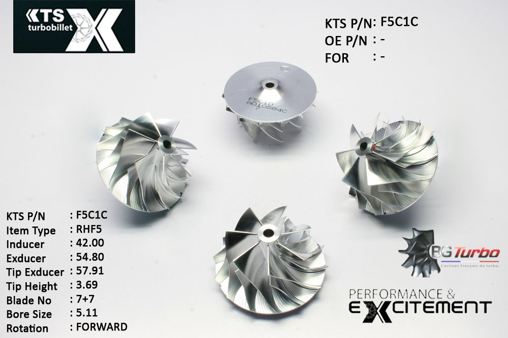 Turbo ROUE FORGÉE MFS PERFORMANCE - 7+7 PALES - INDUCER : 42 - EXDUCER : 54,8 - TYPE : RHF5ANGLE : 55° - ROTATION : Forward - SUPER BACK : 3,74 - BORE SIZE : 5,11
